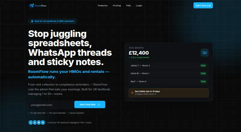 The RoomFlow homepage