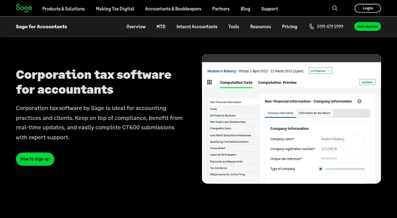 Sage Corporation Tax's website