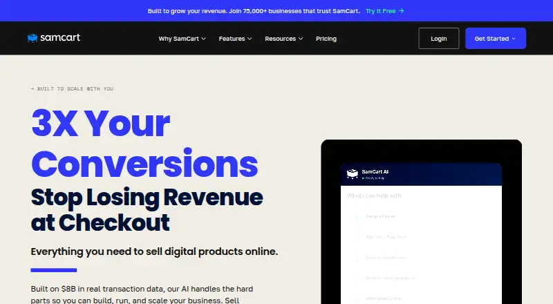 The SamCart homepage