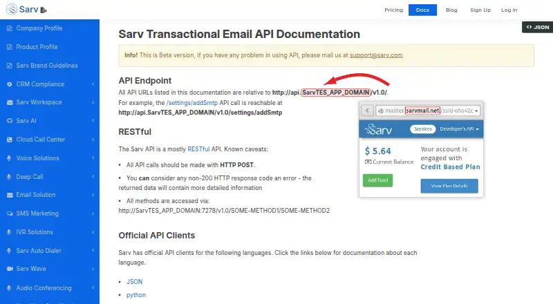 Sarv Transactional Email's website