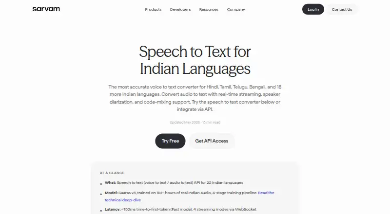 Sarvam AI Speech to Text's website