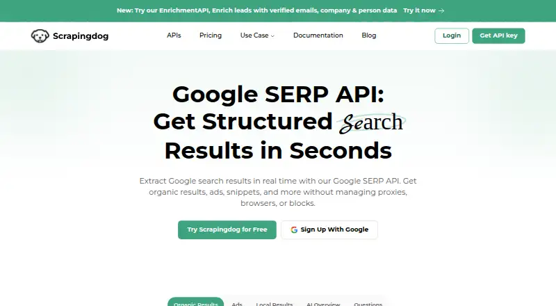 Scrapingdog Google Search API's website