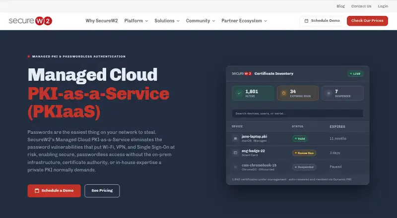 SecureW2 Managed PKI's website