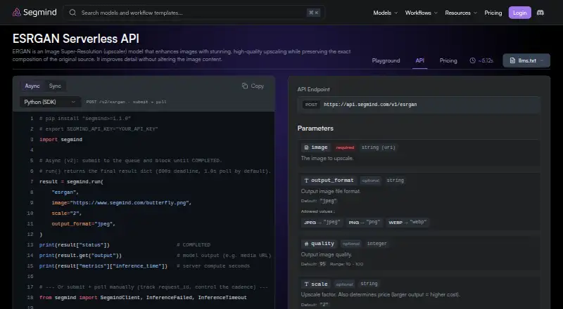 The Segmind ESRGAN API homepage
