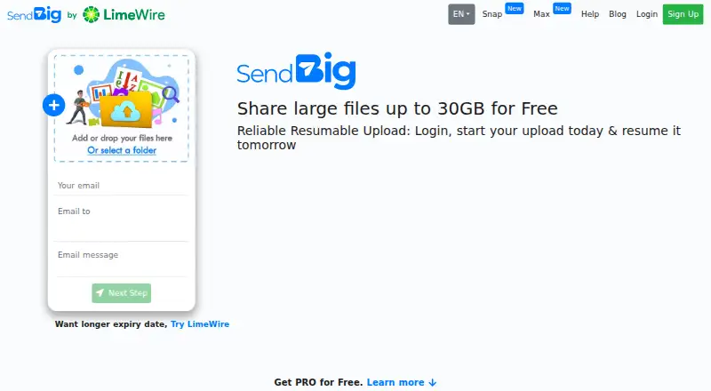 The SendBig homepage