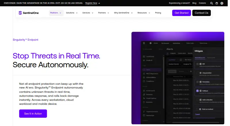 The SentinelOne Singularity Endpoint homepage