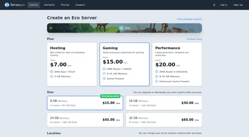 Server.pro Eco Hosting's website