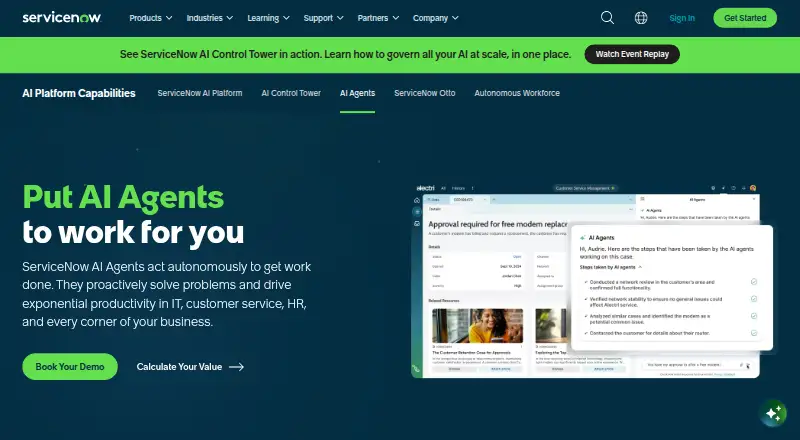 ServiceNow AI Agent Studio's website