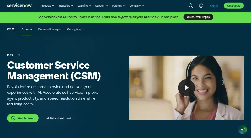 ServiceNow Customer Service Management AI Agents's website
