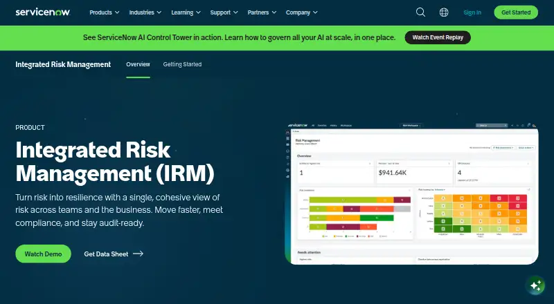 ServiceNow Integrated Risk Management's website