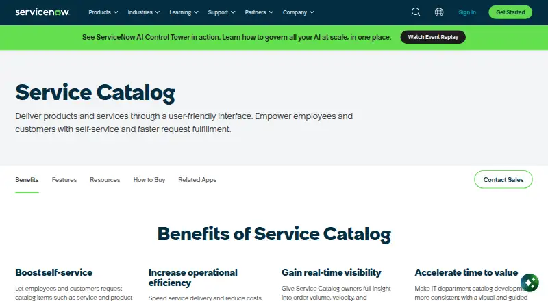 The ServiceNow Service Catalog homepage