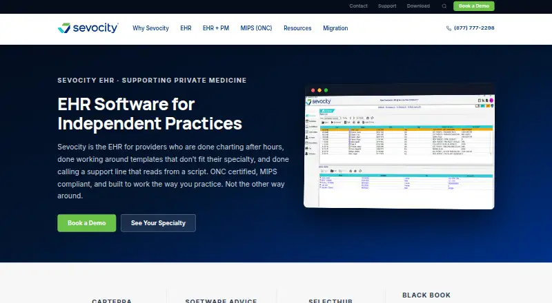 Sevocity EHR's website