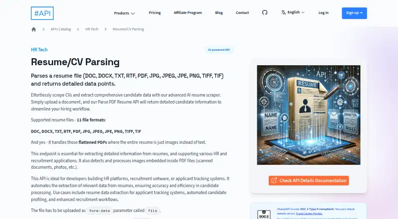 The SharpAPI Resume/CV Parsing homepage