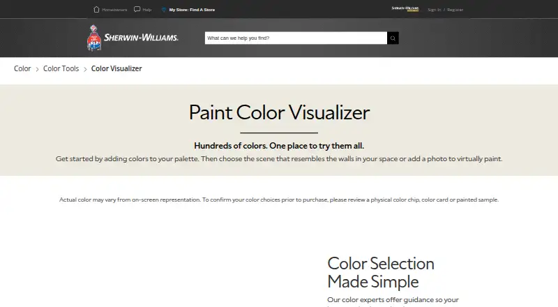 Sherwin-Williams ColorSnap Visualizer's website