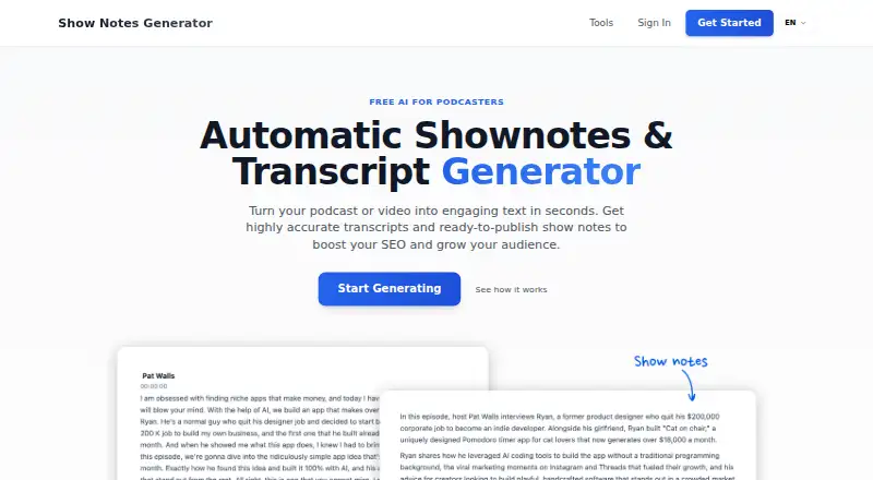 Show Notes Generator's website