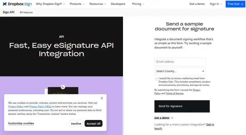 Dropbox Sign API's website