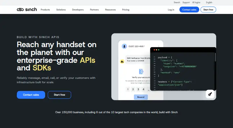 Sinch APIs's website