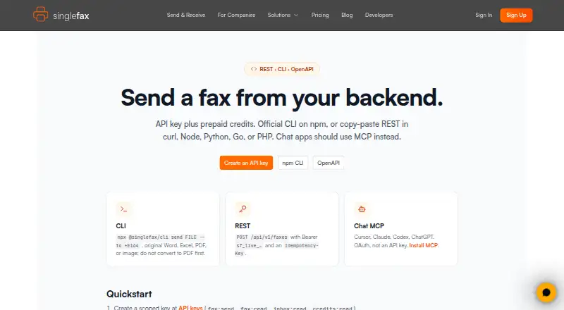 SingleFax API's website