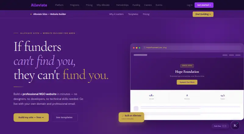 The Alleviate Sites homepage