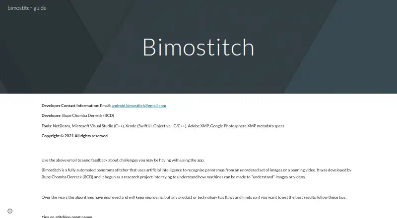 Bimostitch Panorama Stitcher's website
