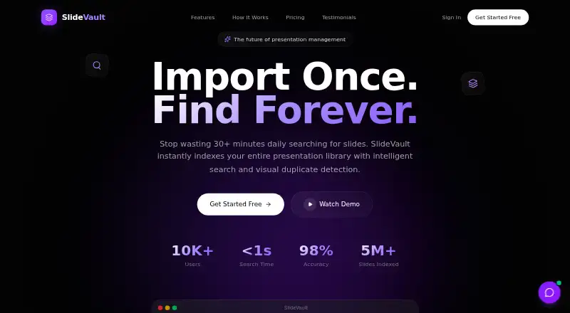 The SlideVault homepage