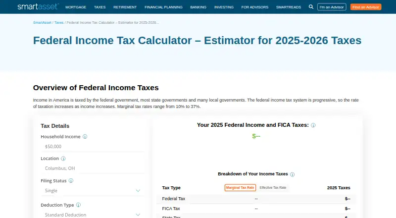 Federal Income Tax Calculator by SmartAsset's website