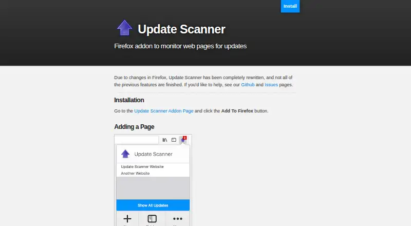 The Update Scanner homepage