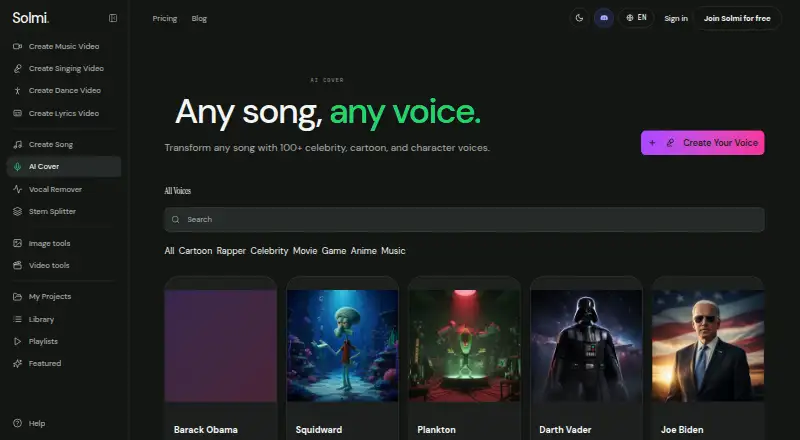 The Solmi AI Cover Generator homepage