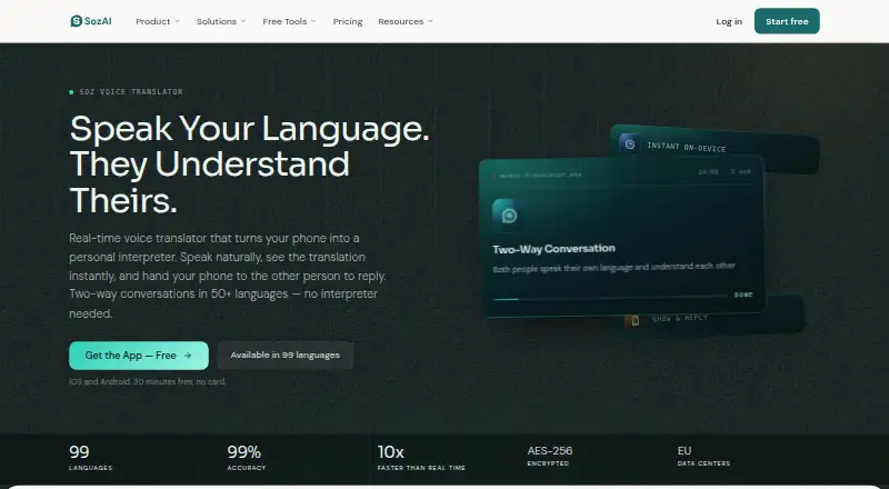 Soz Voice Translator's website