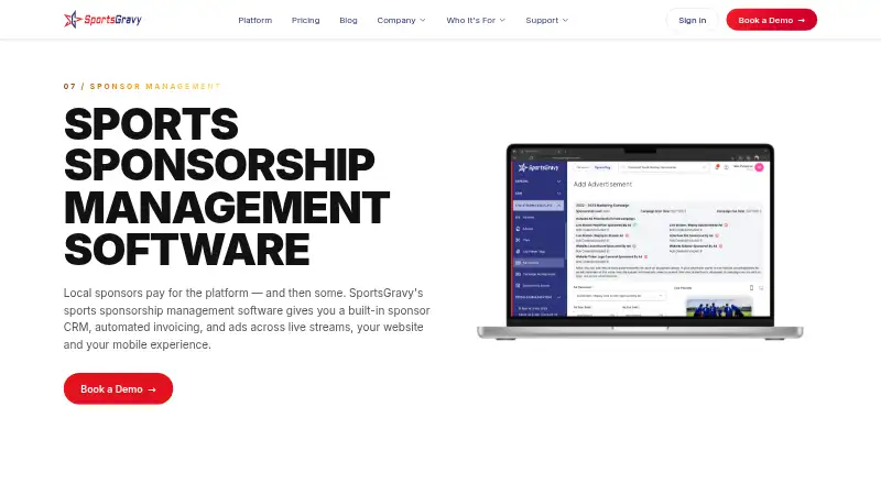 SportsGravy Sponsor Management's website
