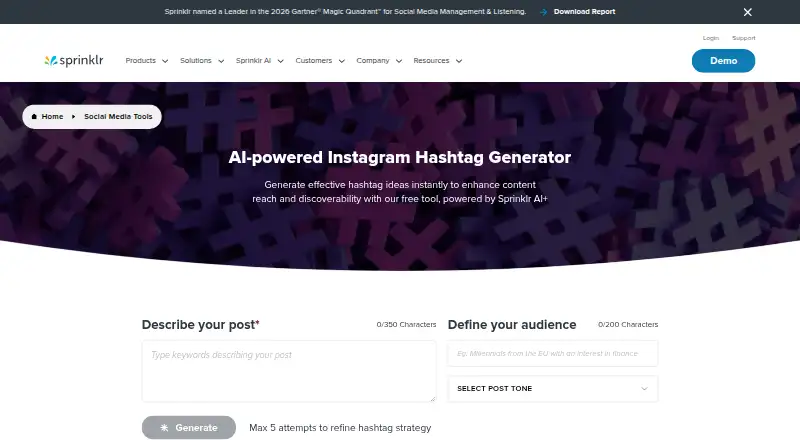 Sprinklr Hashtag Generator's website