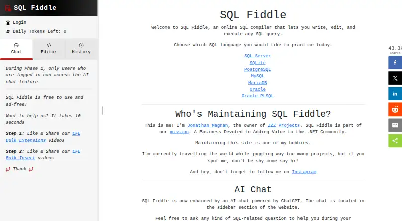 The SQL Fiddle homepage