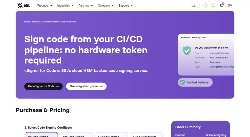 SSL.com eSigner for Code's website