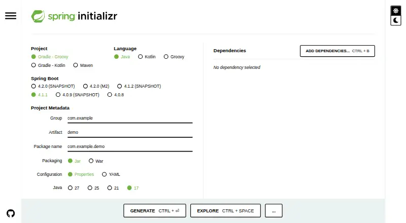 The Spring Initializr homepage