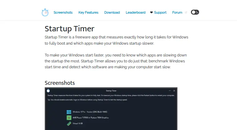 The Startup Timer homepage