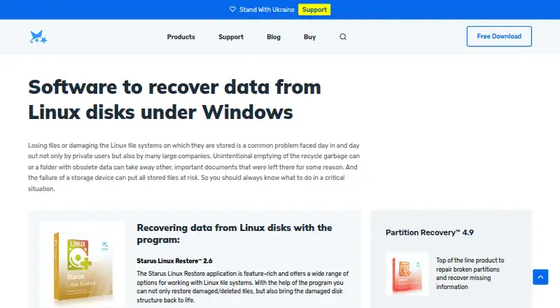 Starus Linux Restore's website