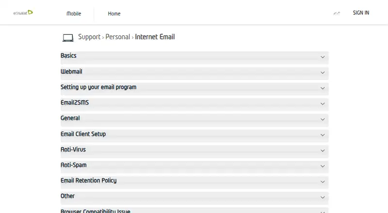 Etisalat Internet Mail's website