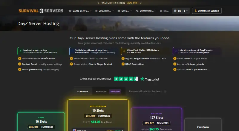 Survival Servers DayZ Hosting's website