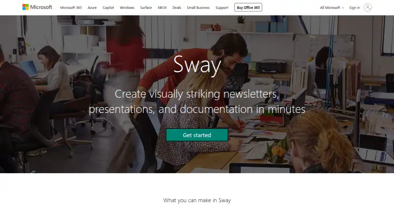 The Microsoft Sway homepage