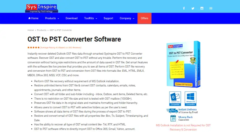 The SysInspire OST to PST Converter homepage