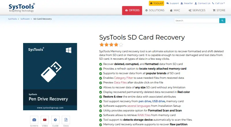 SysTools SD Card Recovery's website