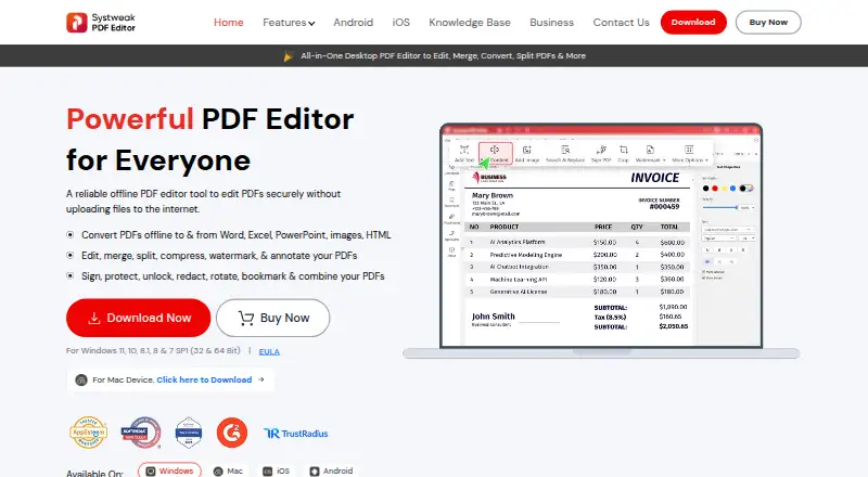 The Systweak PDF Editor homepage