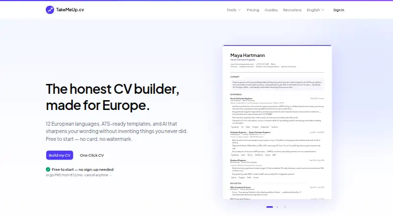 TakeMeUp CV's website