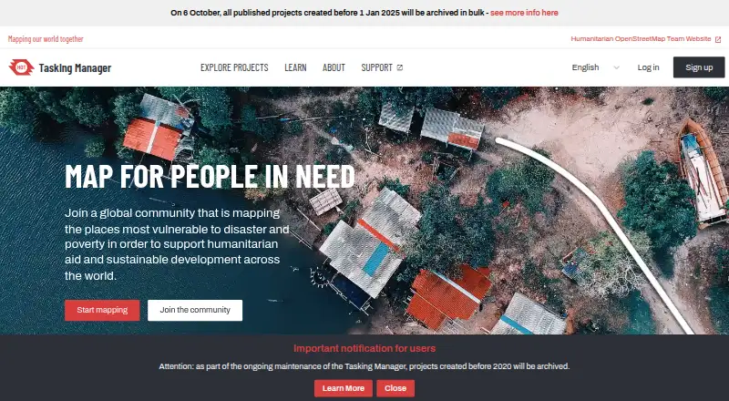 The HOT Tasking Manager homepage
