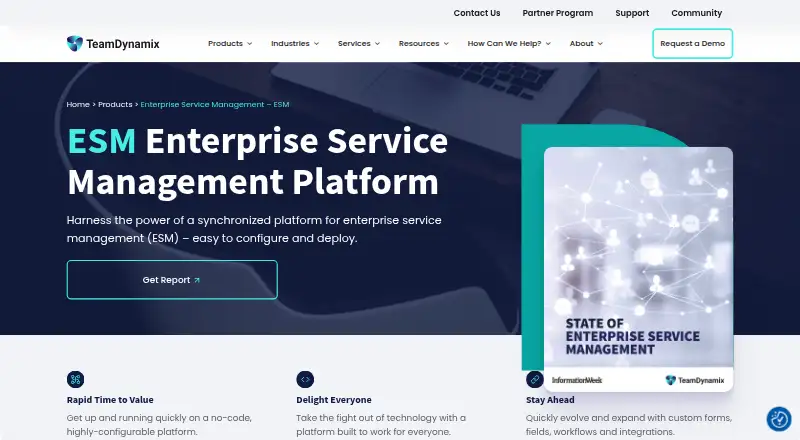 TeamDynamix Enterprise Service Management's website
