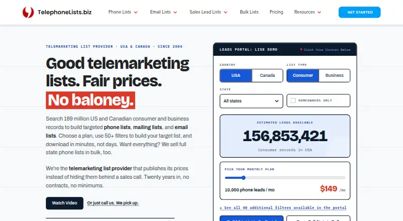 The TelephoneLists.biz homepage