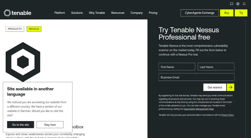 Tenable Nessus's website
