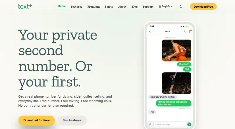The text+ homepage