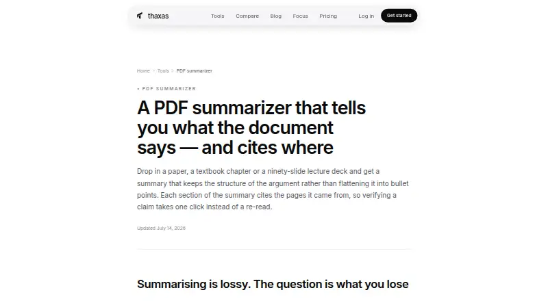 Thaxas PDF Summarizer's website