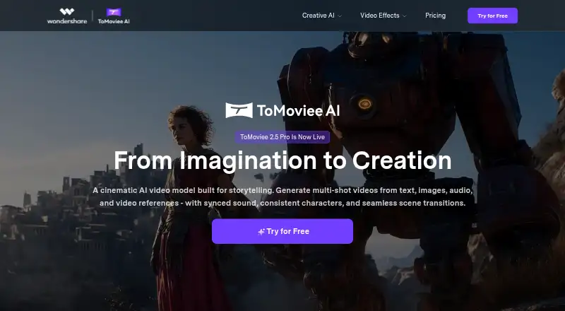 The ToMoviee AI homepage